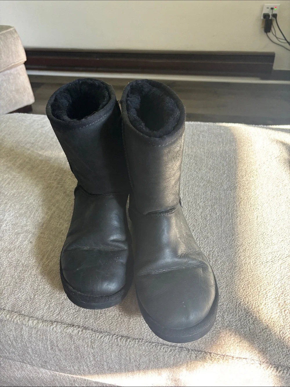 UGG Black Faux Leather Short Classic Shearling Boots